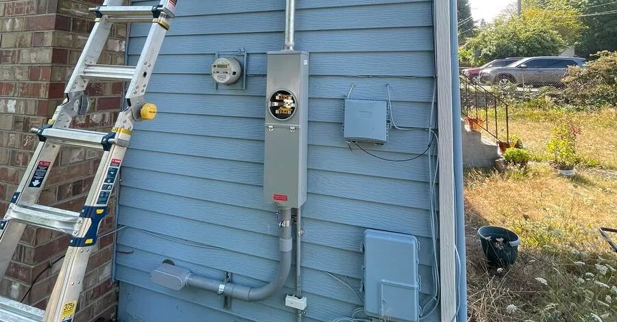 Ladder set against a house at the service entrance and meter