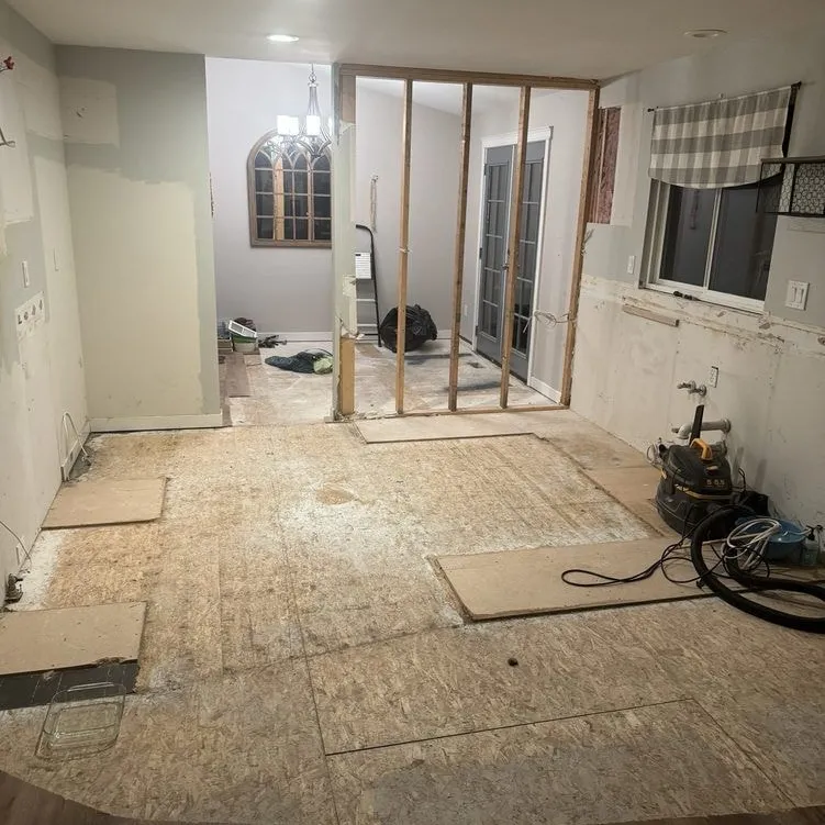 Kitchen stripped back to the framing before the remodel wiring goes in