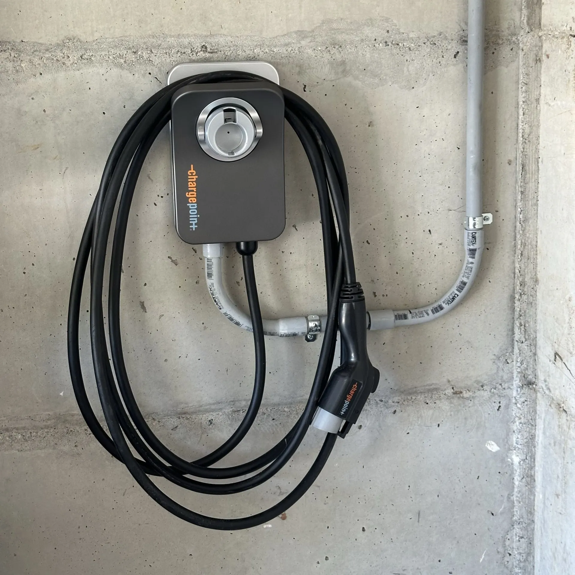 ChargePoint EV charger mounted to the concrete wall of a garage